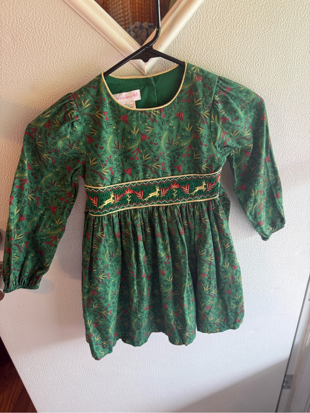 Bonnie Jean Green Floral Trim Girls' Christmas Reindeer Smocked Dress